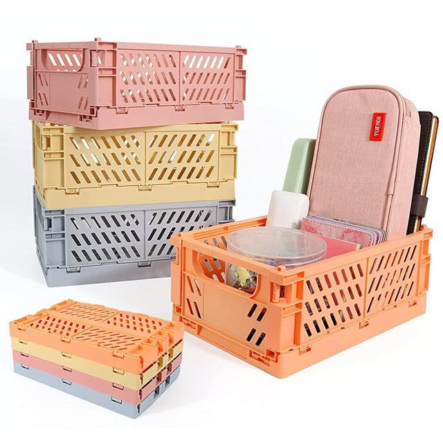 4-Pack Storage Baskets Plastic for Shelf Home Kitchen Storage Bin Organizer, Stacking Folding Storage Baskets for Classroom Bedroom Bathroom Office