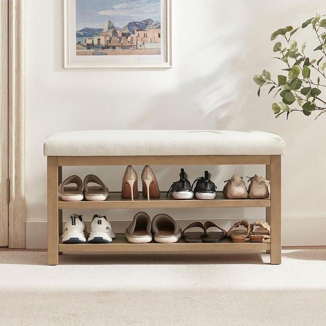 Zihanhome 2 Tier Shoe Rack Bench with Cushion, Solid Wood Shoe Benches, Mid-Century Modern Shoe Storage Bench for Entryway, Hallway, Living Room, Closet, Front Door Entrance, (Beige, 39.4")