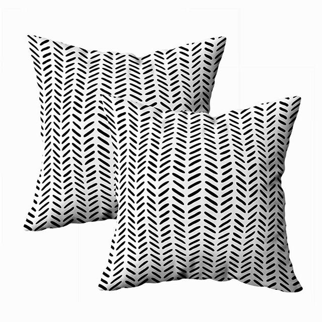 TOMWISH Decor Pillow Covers,TOMKEY 2 Packs Hidden Zippered 18X18Inch Black on White Sketch Herringbone Pattern Decor Throw Cotton Pillow Case Cushion Cover for Home Decor