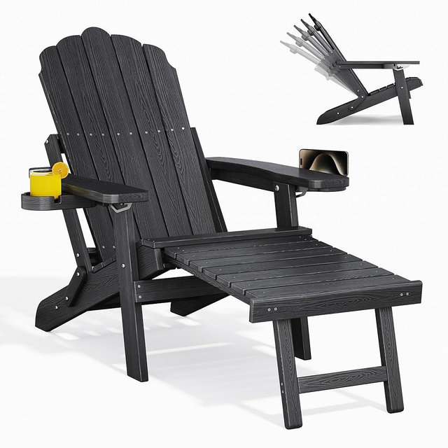 Ahomly Adjustable Folding Adirondack Chair with Ottoman, 2 Cup Holders & 5-Position Recline, HIPS All-Weather Lounge Chair for Outdoor, Patio, Lawn, Deck, Pool, Beach, Black