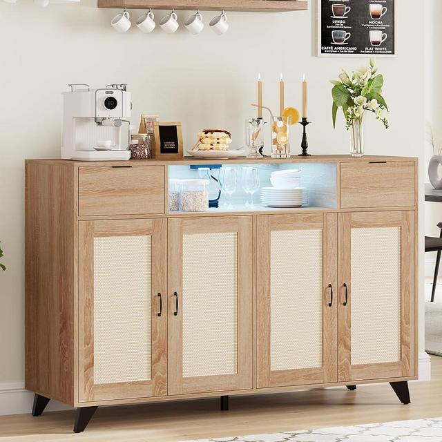 Rattan Sideboard Buffet Cabinet, 4 Doors 2 Drawers Accent Storage Cabinet, Console Table Coffee Bar With Power Outlet, Adjustable Shelves for Kitchen, Dining Room, Hallway, Living Room, Natural