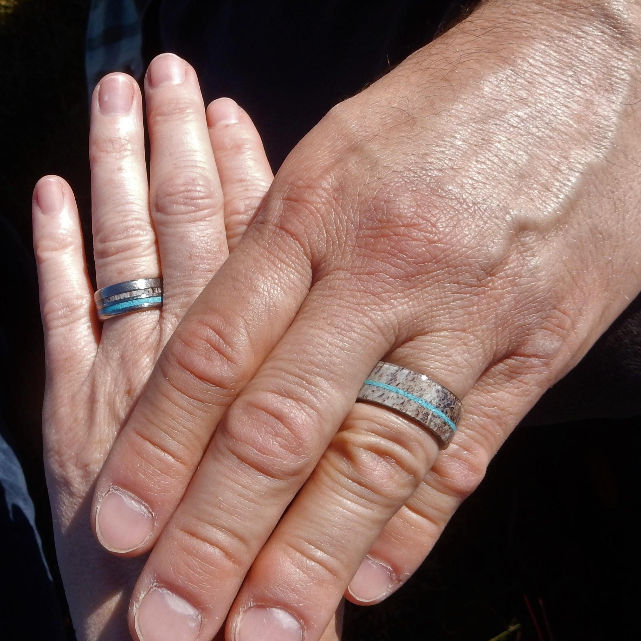 Our wedding rings of Elk antler, Turquoise and Titanium