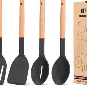 Pack of 4 Silicone Cooking Utensils Set, Non Stick Solid Spatulas and Heat Resistant Slotted Spoons with Wooden Handle, Ideal Wood Kitchen Utensils Set for Frying,Serving,Turning,Stirring (BLACK)