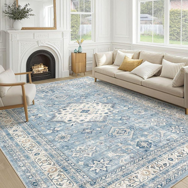 Vintage Living Room Area Rug 8x10 - Large Soft Washable Oriental Traditional Distressed Farmhouse Rugs for Bedroom - Indoor Floor Accent Carpet for Home Office House Decor - Blue