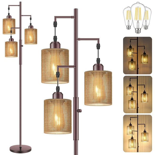 Hotsonic 72" Rattan Boho Floor Lamp, Tall Dimmable Standing Lamp with Handcrafted Brown Shades, Industrial Tree Floor Lamps for Living Room, Bedroom, Study Room, Office (3 x 800LM LED Bulbs Included)