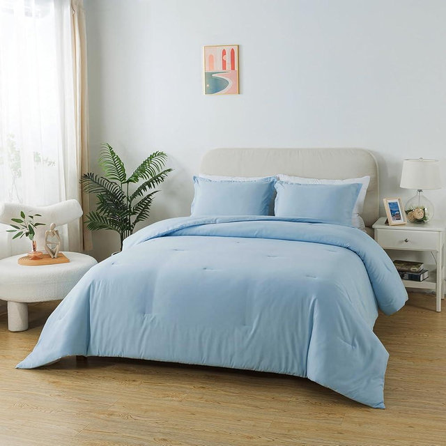 Caressma Light Blue Comforter Set King Size,Lightweight Skin-Friendly Boho Bedding Set & Collections, Breathable Fluffy Microfiber 3 PCS (104"x90") Comforter Set for All Seasons with Pillowcases