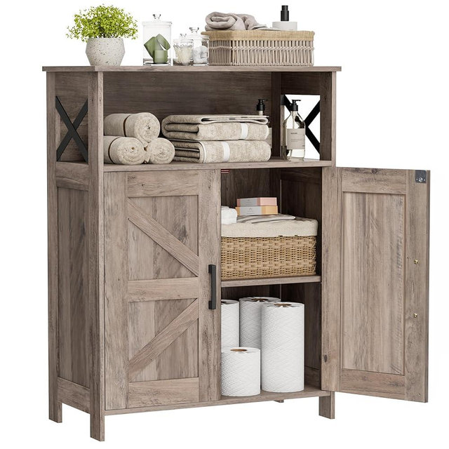 Homhedy Farmhouse Bathroom Storage Cabinet with 2 Doors, Toilet Paper Cabinet with Adjustable Shelves, Small Bathroom Cabinet for Kitchen/Laundry/Living Room, 11.8 x 23.6 x 31.5 Inches, Greige