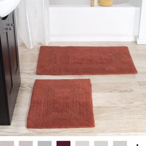 Cotton Bath Mat Set- 2 Piece 100 Percent Cotton Mats- Reversible, Soft, Absorbent and Machine Washable Bathroom Rugs By Lavish Home (Brick)