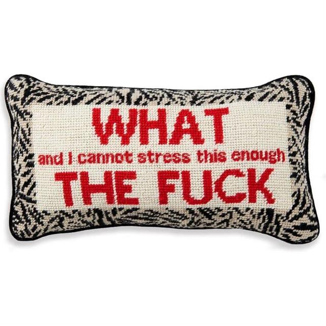 FURBISH Handmade Needlepoint Decorative Throw Pillow - WTF - 8" x 14" - Small Embroidered Accent Pillow for Bed, Chair, Couch, Sofa - Aesthetic Room Decor