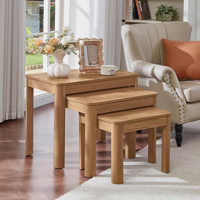 Joaxswe Farmhouse Nesting Tables Set of 3, Living Room Table Set with Rounded Corners & 4 Thickened Table Legs & Stacking Capability, Dark Wood
