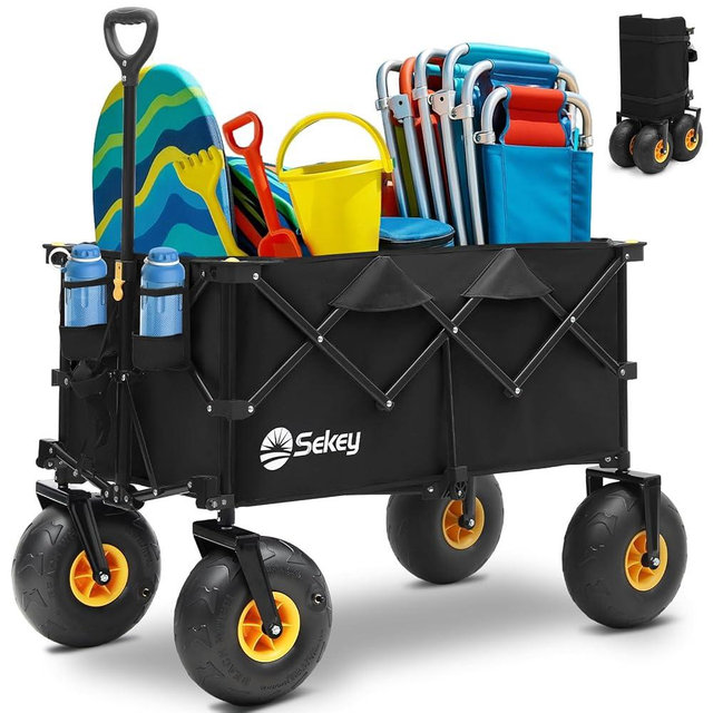 Heavy Duty Beach Wagon with 9" Big Sand-Proof Wheels – 440lb Capacity, Sekey 200L Oversized Foldable Cart | Adjustable Handle & All-Terrain Tires for Sand, Camping, Groceries. Black