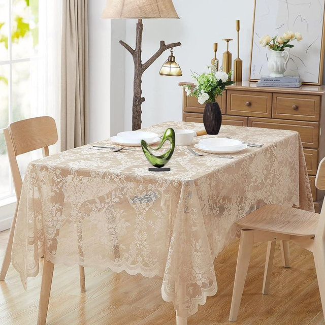ASATEX 60 x 104 Inch Golden Linen Rectangle Lace Tablecloth. Classic Elegant Floral Pattern is Ideal Choice for Any Luxury Dining Room, Birthday, Wedding or Holiday Celebration. LUT Linen Rec 104"