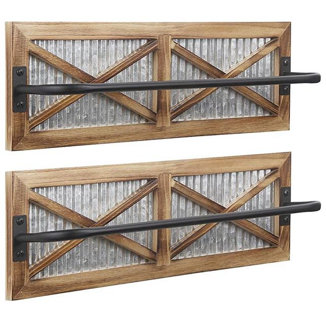 Butizone 2PCS Rustic Bathroom Towel Rack, Wall Mounted Towel Bar Holder with Weathered Wood and Corrugated Galvanized Metal, Farmhouse Rack for Hanging Towel (Towels are not Included)