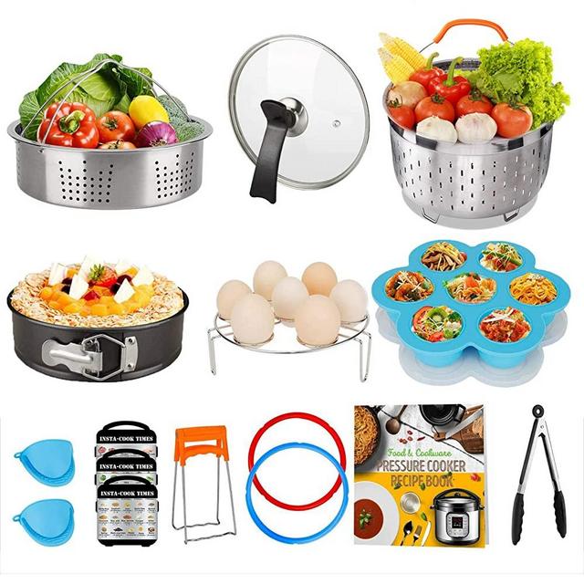 Cooking Accessories Set Compatible with Instant Pot Accessories 8 Qt Only, 8 Quart Accessory Kit with 2 Baskets Glass Lid Silicone Sealing Rings Springform Pan Cookbook