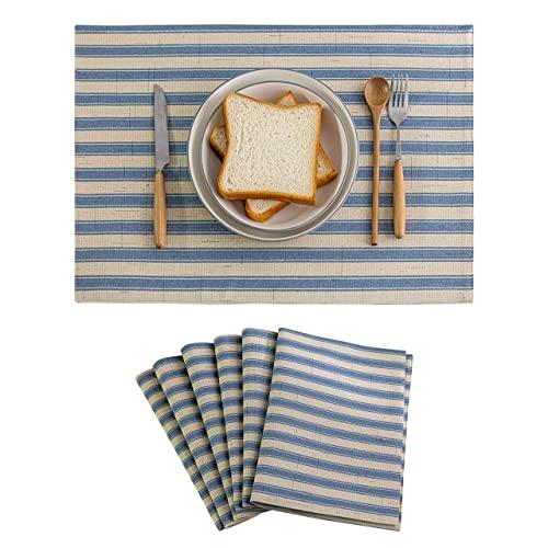 Home Brilliant Placemats Set of 6 Heat Resistant Dining Table Place Mats for Kitchen Table Non Slip Easy to Clean Wipeable Washable Place Mats, 13 x 19 inches, Stripes, Dusk Blue