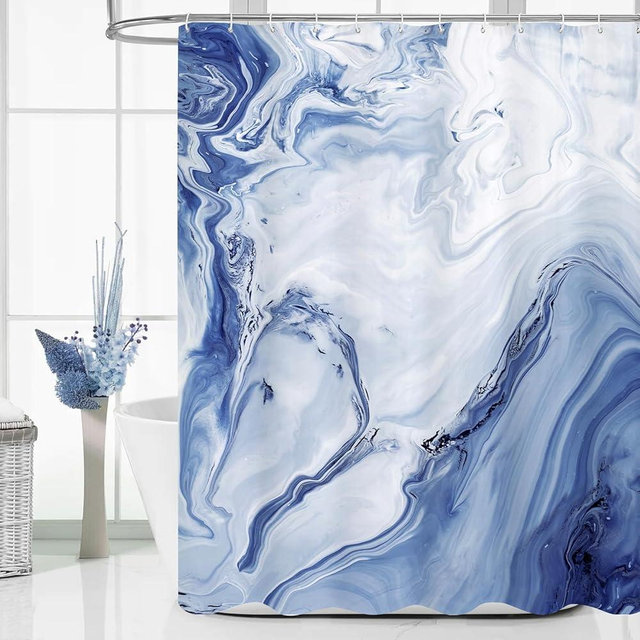 MitoVilla Blue Marble Shower Curtain, Modern Ombre Fabric Cloth Shower Curtains for Luxury Bathroom Decor, Abstract Watercolor Shower Curtain, Navy Blue, 72x72