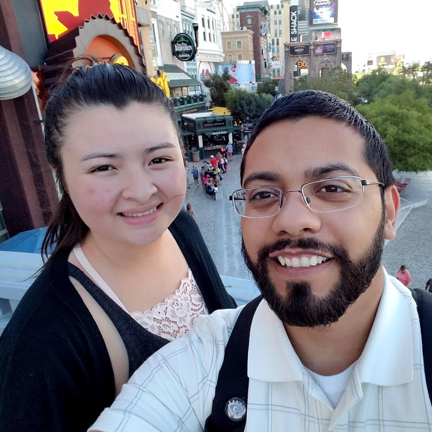 Snapping a selfie on the balcony of the M & M store in Las Vegas.