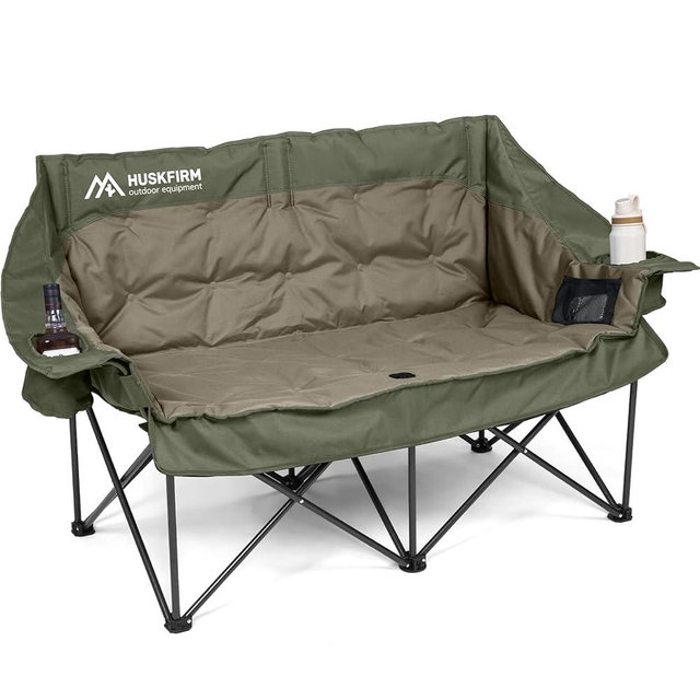 Double Camping Chair Oversized Padded Camping Chairs for Adults Folding Loveseat with Cup Holders and Side Pockets Heavy Duty Outdoor Lawn Chairs for Camping,Sports, Fishing,Beach,Green