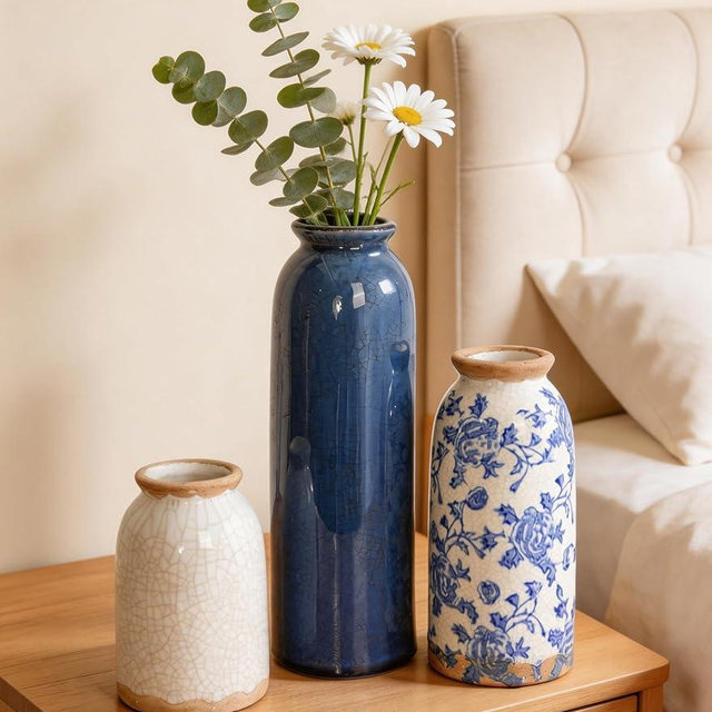 FancyPlus Vintage Ceramic Vase Set of 3, Blue and White Small Flower Vase Chinoiserie Rustic Modern Farmhouse Centerpiece Decorative Vases for Table Entryway Bookshelf Living Room Kitchen Home Decor