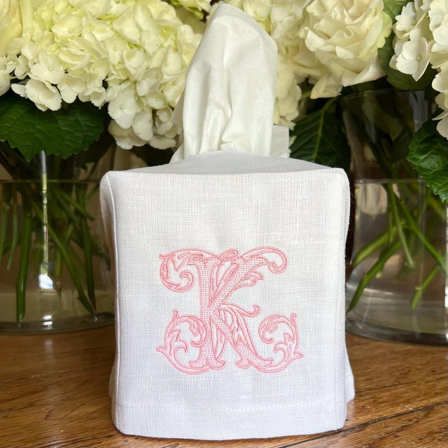 Monogrammed Linen Tissue Box Cover. Personalized Gift. Vintage Vine Monogram Gift. Hostess Gift. Gift for Someone who has Everything