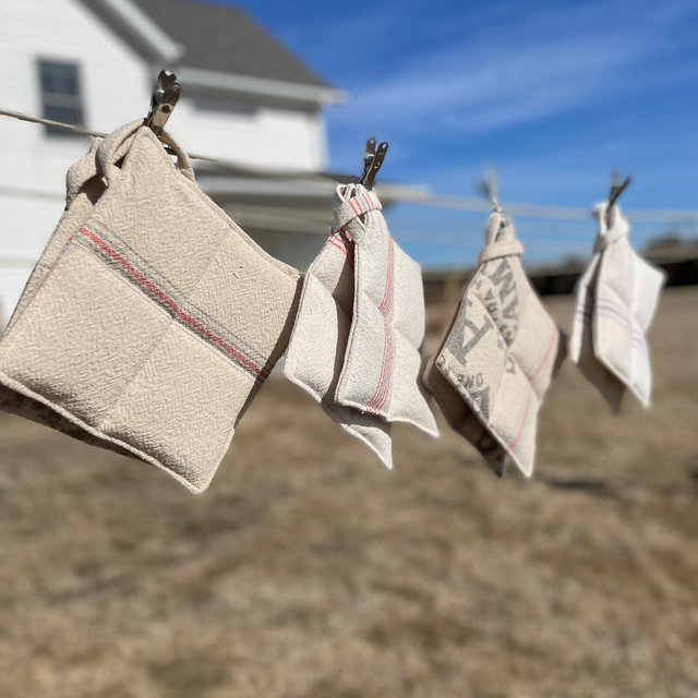 Grain Sack Hot Pads (Set of 2): Farmhouse Kitchen Potholders