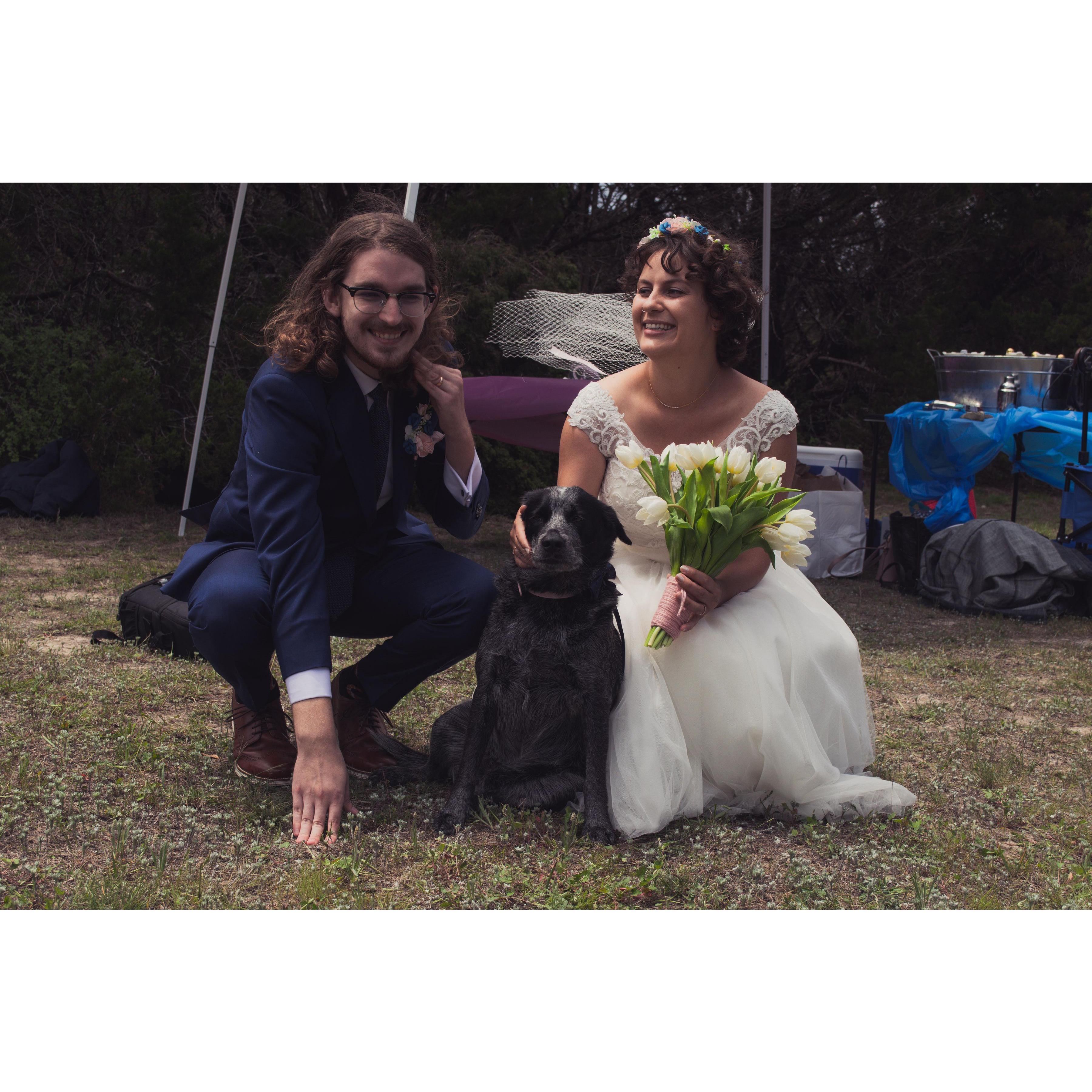 Bride and groom with the bestest boy ring bearer.