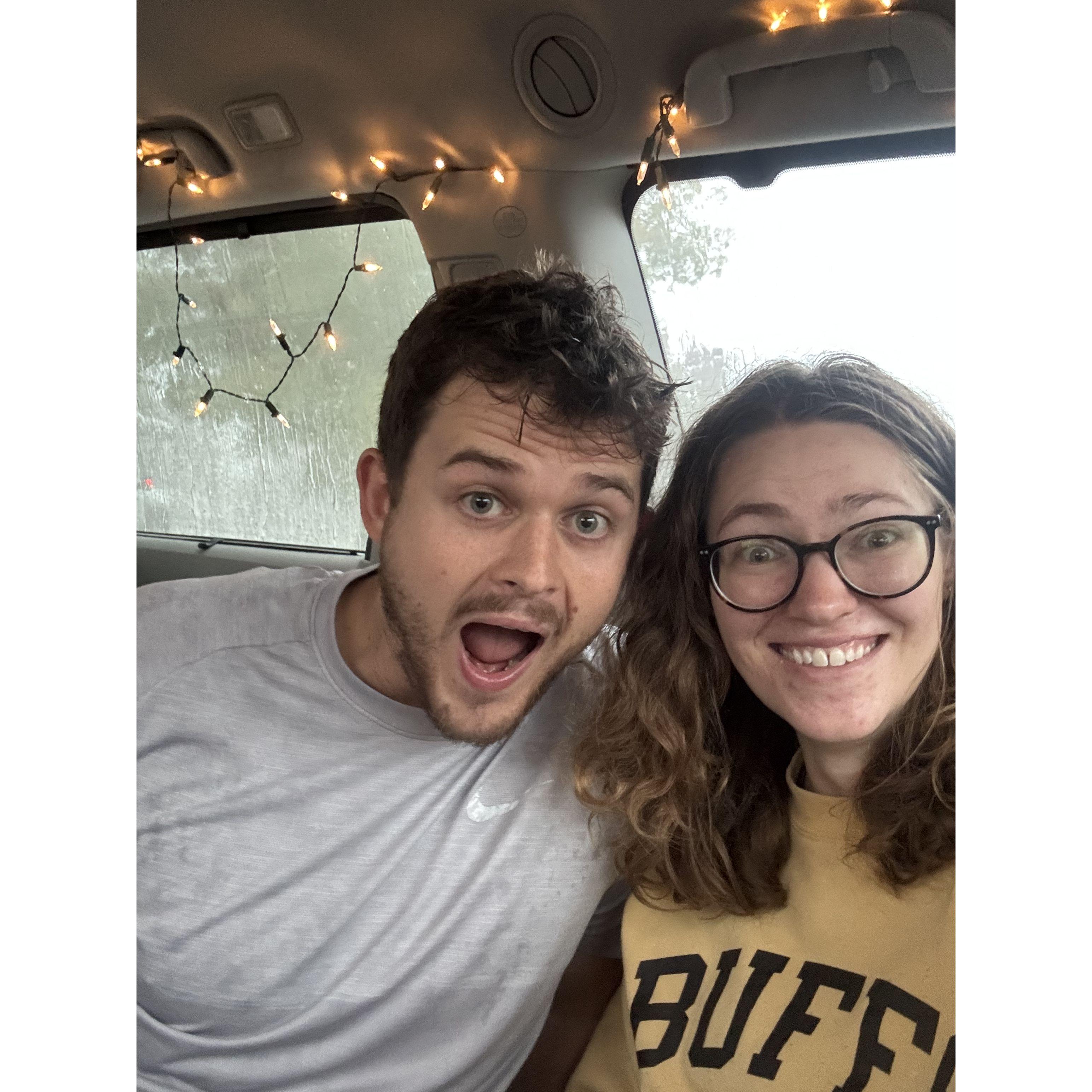Hiding in the minivan during a massive storm while Carson's tires get swapped
