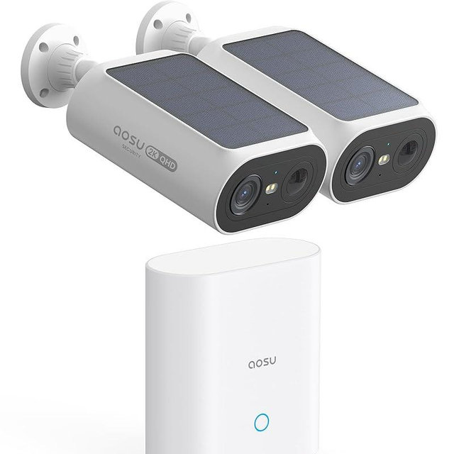 AOSU Solar Security Cameras Wireless Outdoor, 2Mins DIY Installation, No Subscription Cameras for Home Security System, Local Storage, 2K Color Night Vision for Surveillance, 2.4&5ghz WiFi, 2 Cam-kit