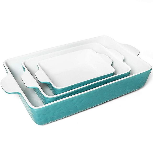 Gonioa 3 Pack Ceramic Bakeware Set,Ceramic Glaze Baking Dish Set,Rectangular Baking Pan for Cooking, Kitchen,Cake Dinner, Banquet and Daily,Wrapping Upgrade(Aquamarine Color)