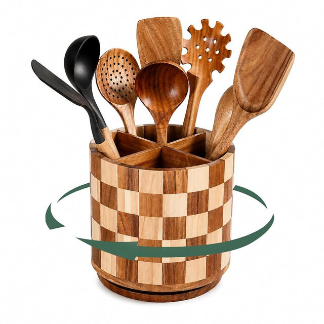 Rotating Wooden Utensil Holder – 7.8” Round Acacia Wood Kitchen Utensil Organizer with Checkered Design, Large Countertop Crock for Spatulas, Spoons & Cooking Tools, Farmhouse Kitchen Decor
