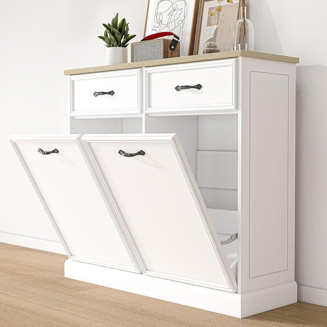 GarveeHome Double Tilt Out Trash Cabinet, Hidden Trash Storage Cabinet 20 gal, Freestanding White Garbage Can Cabinet for Kitchen Dining Living Room