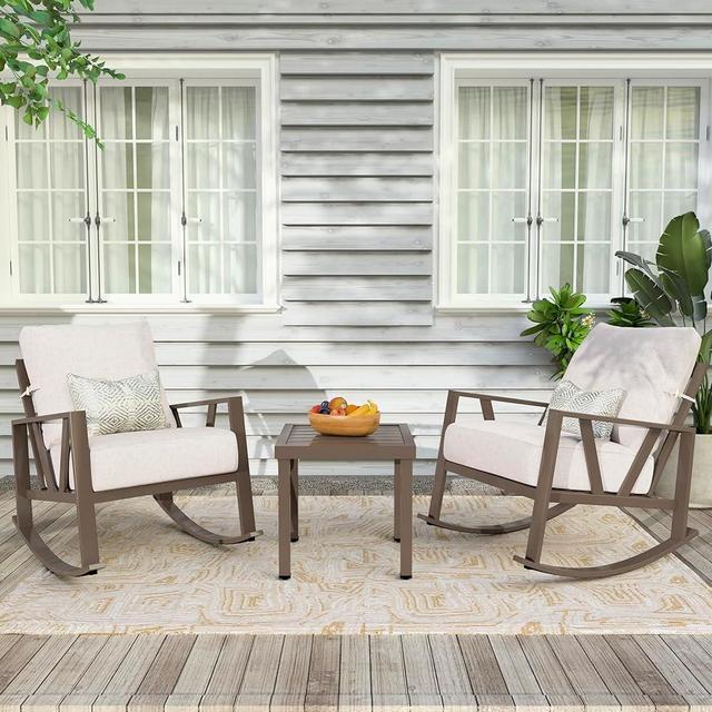 COMLAX FIELD Patio Porch Furniture Set, Patio Outdoor Rocking Chairs Set of 2 with Coffee Table, 3 Piece Metal Outdoor Patio Furniture Set, Small Patio Bistro Conversation Set, Beige