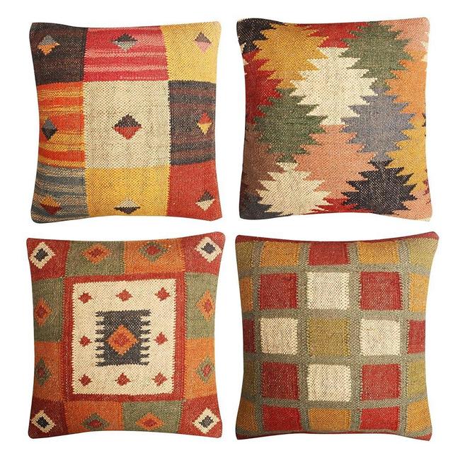 JAIPUR KILIM RUGS Set of 4 Wool Jute Vintage Kilim Cushion Covers,Home Decor Pillowcases Handwoven Turkish Pillow Decorative Throw Pillow Covers (Multicolor-3)