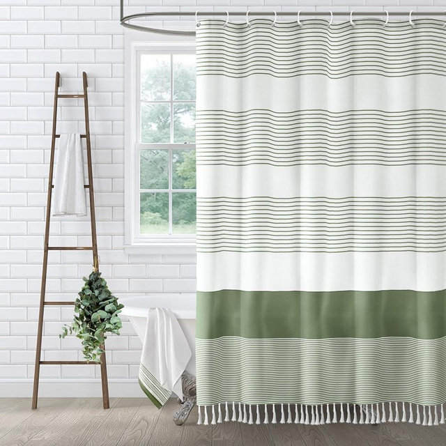 XOGUIBO Sage Green Shower Curtain Cotton Boho Striped Shower Curtains for Bathroom with Tassel 72 X 72