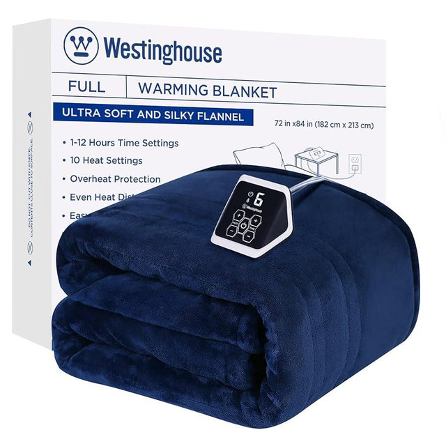 Westinghouse Full Size Electric Heating Blanket, 10 Levels, Auto Shut Off, Fast Heating, Machine Washable (72x84 Inches, Navy Blue)