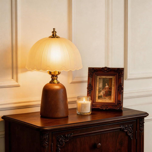 AUGsea 13“ Mid-Century Decorative Wooden Small Table Lamp, Frosted Scalloped Glass Shade, Solid Wood Base, Vintage Bedside Table Lamp for Bedroom Living Room, E26 Bulb Included