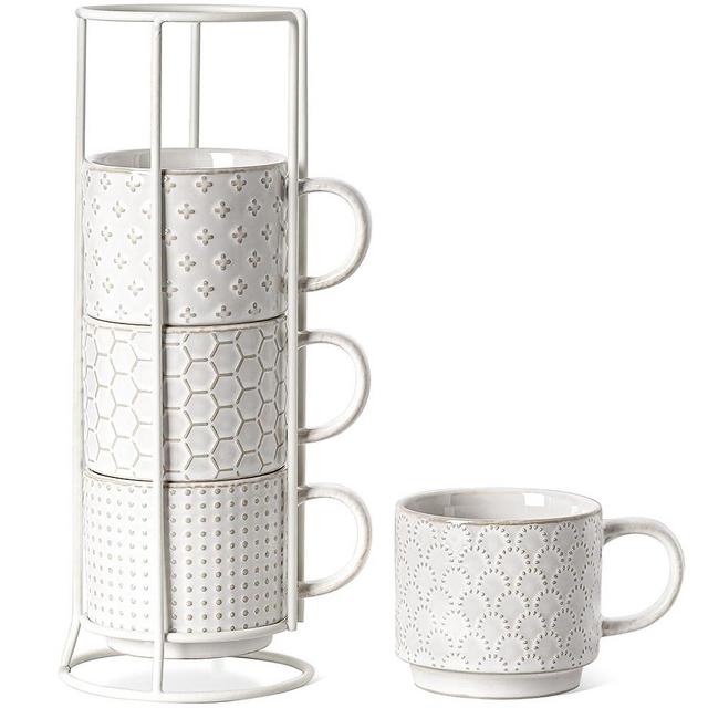 Ceramic Coffee Mug Set with Stand, 8 oz Stackable Cappuccino Cups with Rack ,Housewarming Wedding Gift, Coffee Cups for Au Lait,Double shot,Latte,Cafe,Mocha, Tea - 3.2 inch,Set of 4,Arctic white
