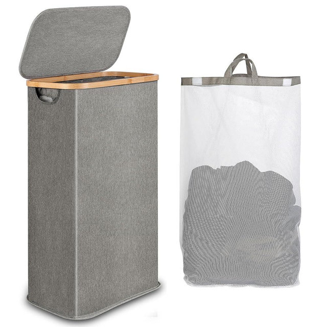 iEGrow Slim Laundry Hamper, Narrow Laundry Basket with Lid,Foldable Clothes Hamper with Bamboo Handles,Hamper Basket with Removable Inner Bag for Laundry Room Bedroom College Dorm,60L Grey