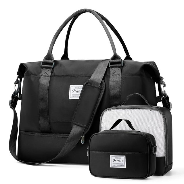Weekender Bags for Women,Travel Duffel Bags with Shoe Compartment & Wet Pocket,Personal Item Travel Bag for Airlines,Carry on Overnight Tote Bag for women,3Pcs Set，Black