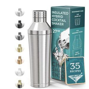BARE BARREL Insulated Cocktail Shaker Set | Double Wall Stainless Steel | Martini Shaker for Home Bar Bartending | Built-in Drink Measure System & Strainer, Travel Bag, Recipes | Gift Set (Silver)