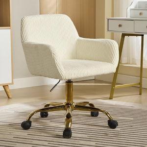 Faux Fur 360°Swivel Desk Chair, Height Adjustable Home Office Armchair with Golden Base for Teens Women Girls, Upholstery Computer Chair for Home Studios, Corduroy & Beige