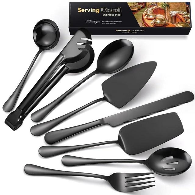 AARAINBOW Exquisite 8 Pieces Serving Utensils Set, Stainless Steel Serving Utensils Large Hostess Serving Set with Serving Spoons, Serving Tongs, Serving Fork, Cake Knife for Parties Buffet (8 Black)