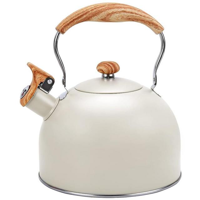 Foedo Tea Kettle, 2.6Quart/2.5Liter Whistling Tea Kettle, Tea Pots for Stove Top, Stovetop Whistling Teapot, Food Grade Stainless Steel Tea Pot with Wood Pattern Folding Handle, Milk White