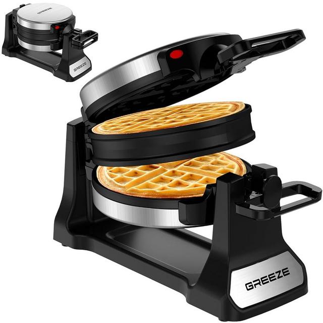 Greeze Double Belgian Waffle Maker, 1400W Newest Stainless Steel Waffle Iron 180° Flip, 8 Slices, Rotating & Nonstick Plates with Locking Buckle & Cool Touch Handles, Easy To Clean