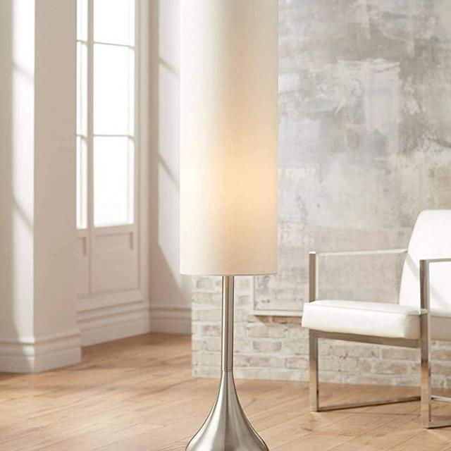 Moderne Mid Century Modern Floor Lamp Brushed Steel Droplet Tall Cotton Cylinder Shade for Living Room Bedroom Office - Possini Euro Design