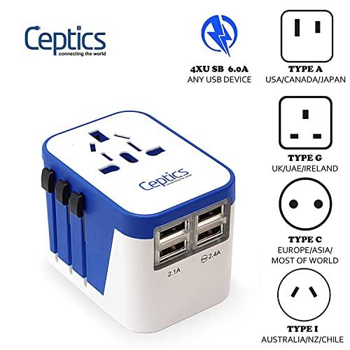 Universal Travel Adapter Plug World Power Ceptics W/ 4 USB Ports - Charge Cell Phones, Smart Watches, iPhones All over the World - For International Europe, China, UK, UAE, Australia - Type A, C, G, I