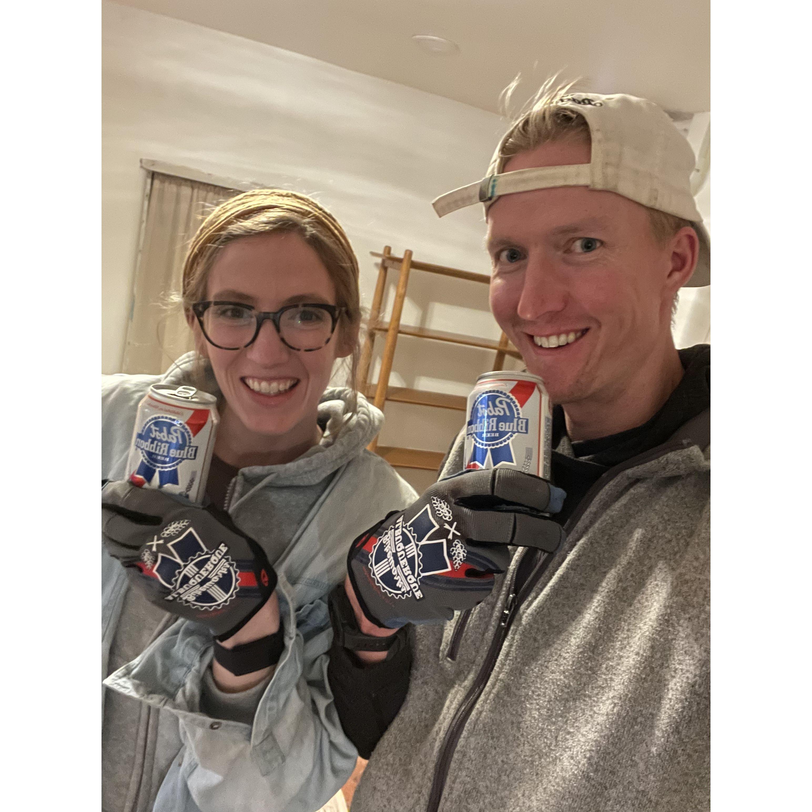 Drinking PBRs with Al's PBR bike gloves on.