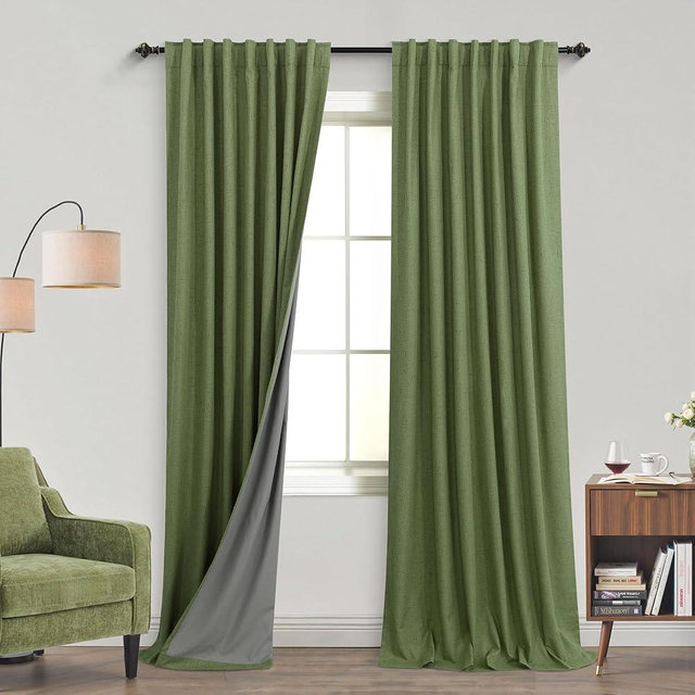 KOUFALL Olive Green Nursery Curtains for Baby Boy Girl,Blackout Linen Boho Black Out Woodland Moss Mid Century Modern Curtains for Dining Room 84 Inch Length 2 Panels Set