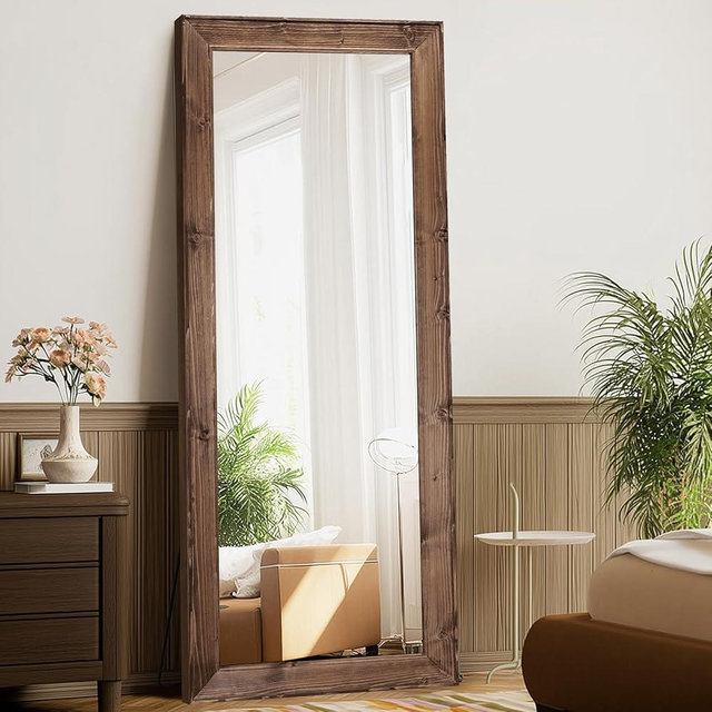 ABSWHLM Full Length Mirror 65"x24" - Beveled Edge Rustic Brown Dressing Mirror, Solid Wood Frame, Wall Mounted or Standing for Bedroom, Entryway, Living Room