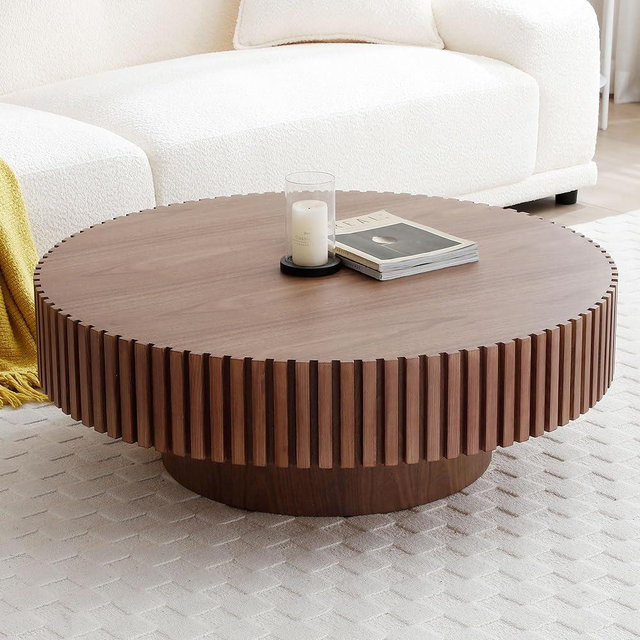 39.4" Walnut Round Coffee Table Wood, Modern Drum Fluted Coffee Table for Living Room, Contemporary Low Circle Center Table Side Table for Apartment, Farmhouse, Office, mesa de Cafe